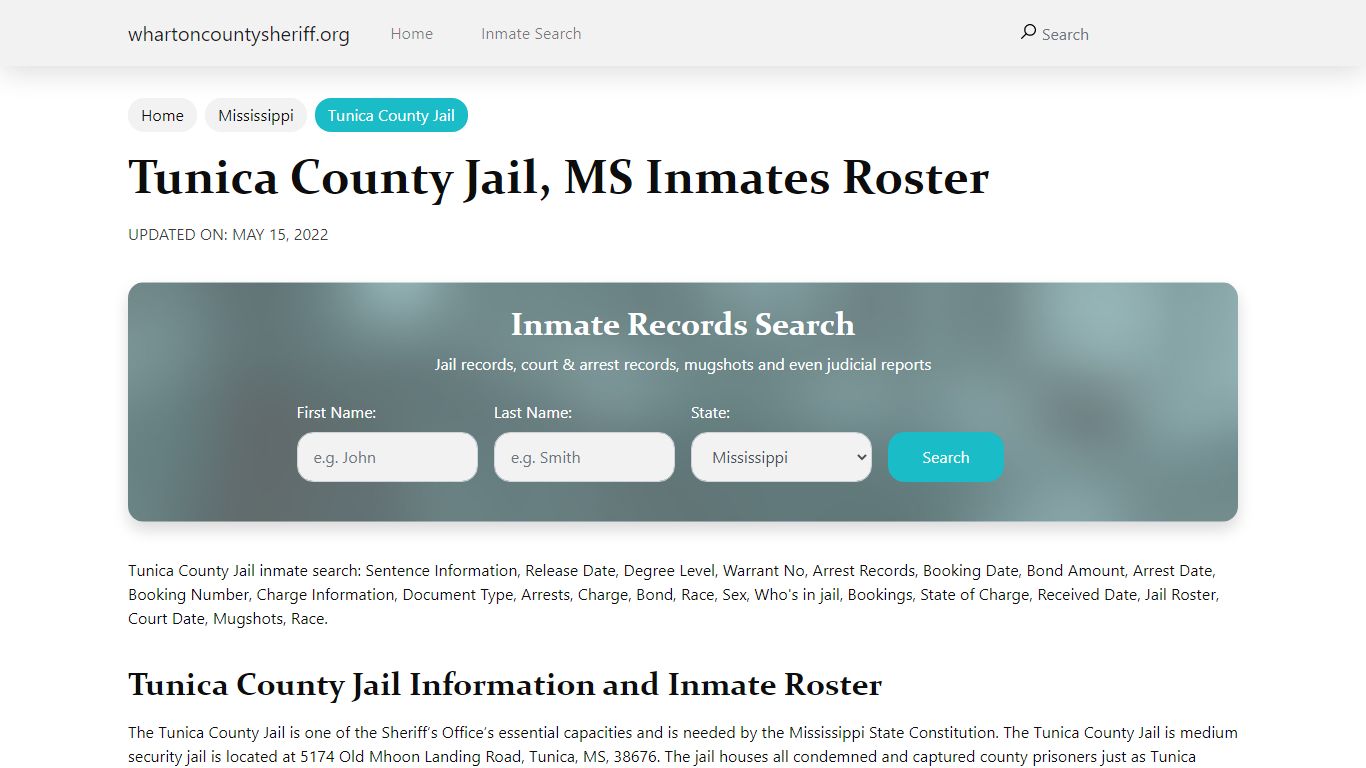 Tunica County Jail, MS Jail Roster, Name Search